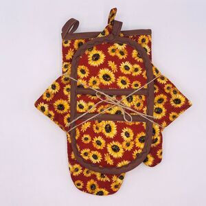 Oven Mitt Finger Hotpad, and Square Potholder Baking Gift Set, Sunflower Gold